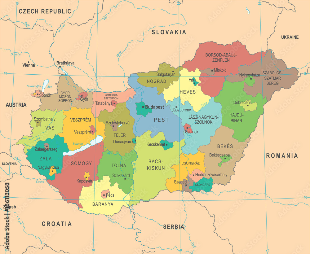 Obraz premium Hungary Map - Detailed Vector Illustration