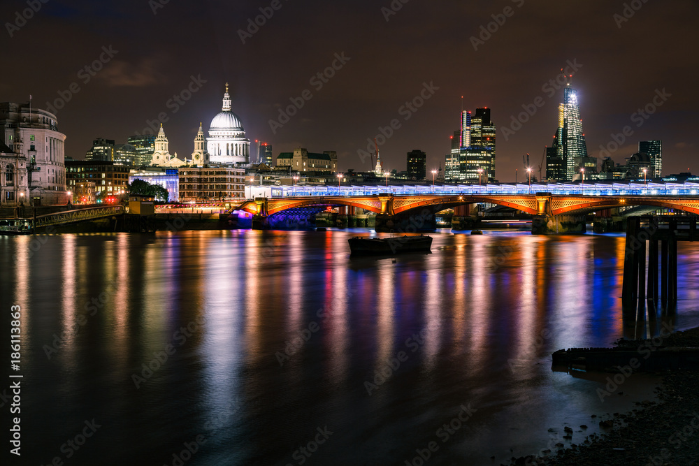 London night cityscape with Blackfriars Bridge and St Pauls Cathedral