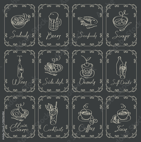 Vector set of sketches of different dishes with handwritten inscriptions framed with swirls on a black background. Outline drawing with chalk on a blackboard in a retro style