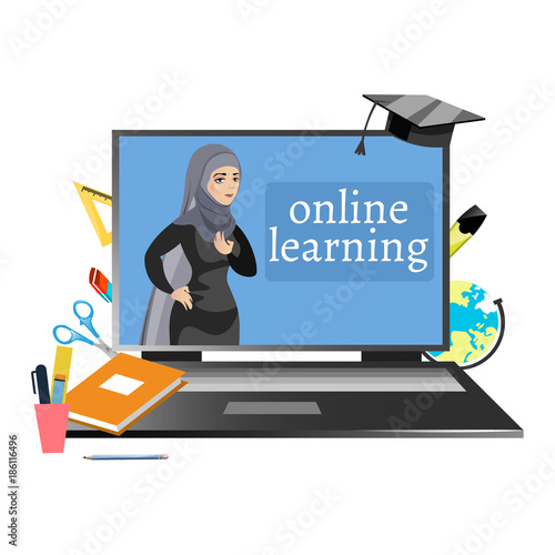 Muslim school teacher with computer