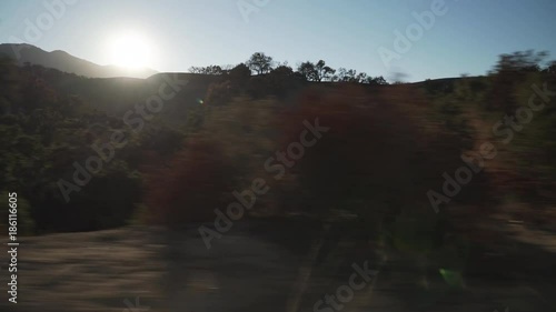 Driving plate side view of forests and hills in California from moving car photo