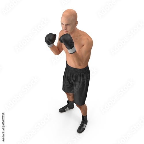 Male boxer fighting pose on white. 3D illustration