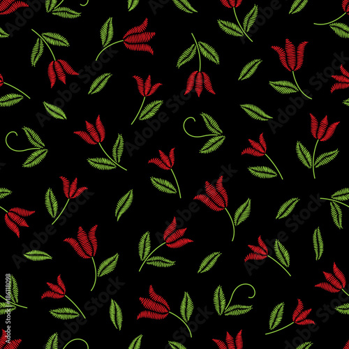 Embroidery seamless pattern with tulips