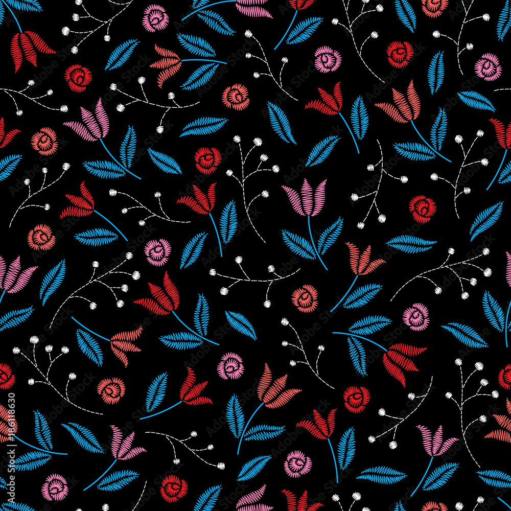 Naklejka premium Embroidery floral seamless pattern with tulips