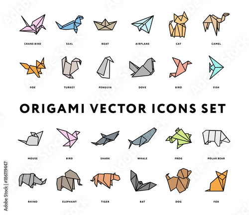 Origami Folded Paper Animals Shapes. Bird, Crane, Cat, Dog, Rhino, Fox, Mouse, Elephant. Flat Color Line Outline Stroke Icon Illustration Set Collection