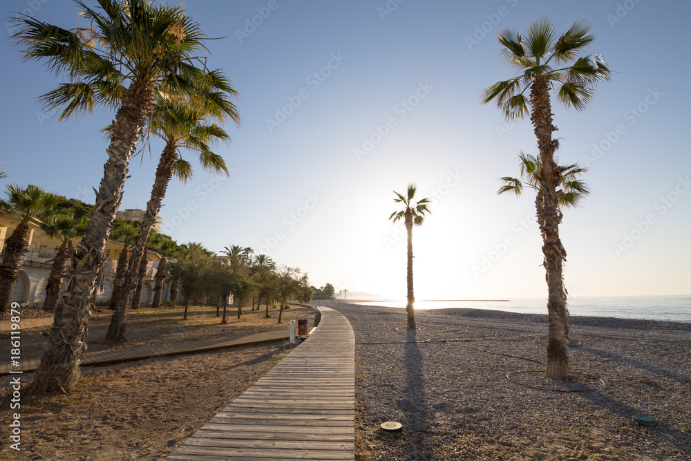 landscape Els Terrers Beach, in Benicassim, Castellon, Valencia, Spain, Europe. Wooden walkway, palm trees against sun, buildings, blue clear sky and Mediterranean Sea
landscape Els Terrers Beach, in Benicassim, Castellon, Valencia, Spain, Europe. Wooden walkway, palm trees against sun, buildings, blue clear sky and Mediterranean Sea