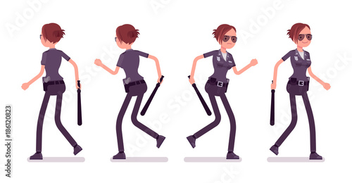 Young policewoman walking and running