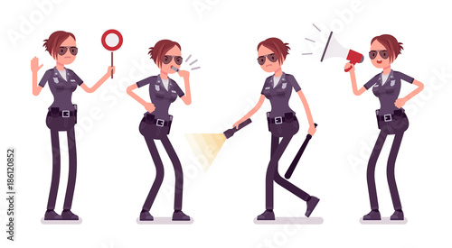 Young policewoman with light and signals