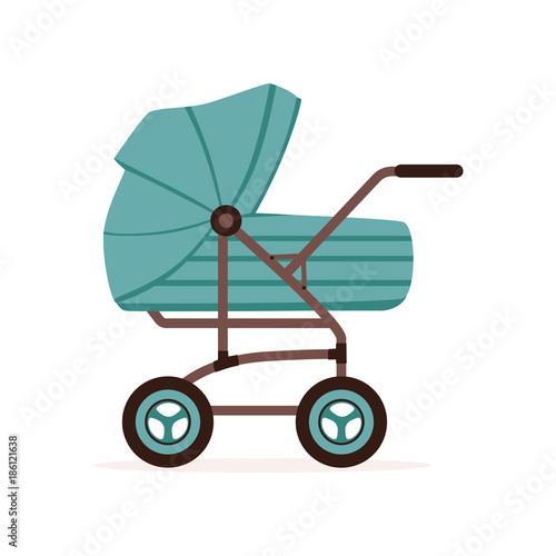 Blue baby pram or stroller, safe transportation of children vector Illustration