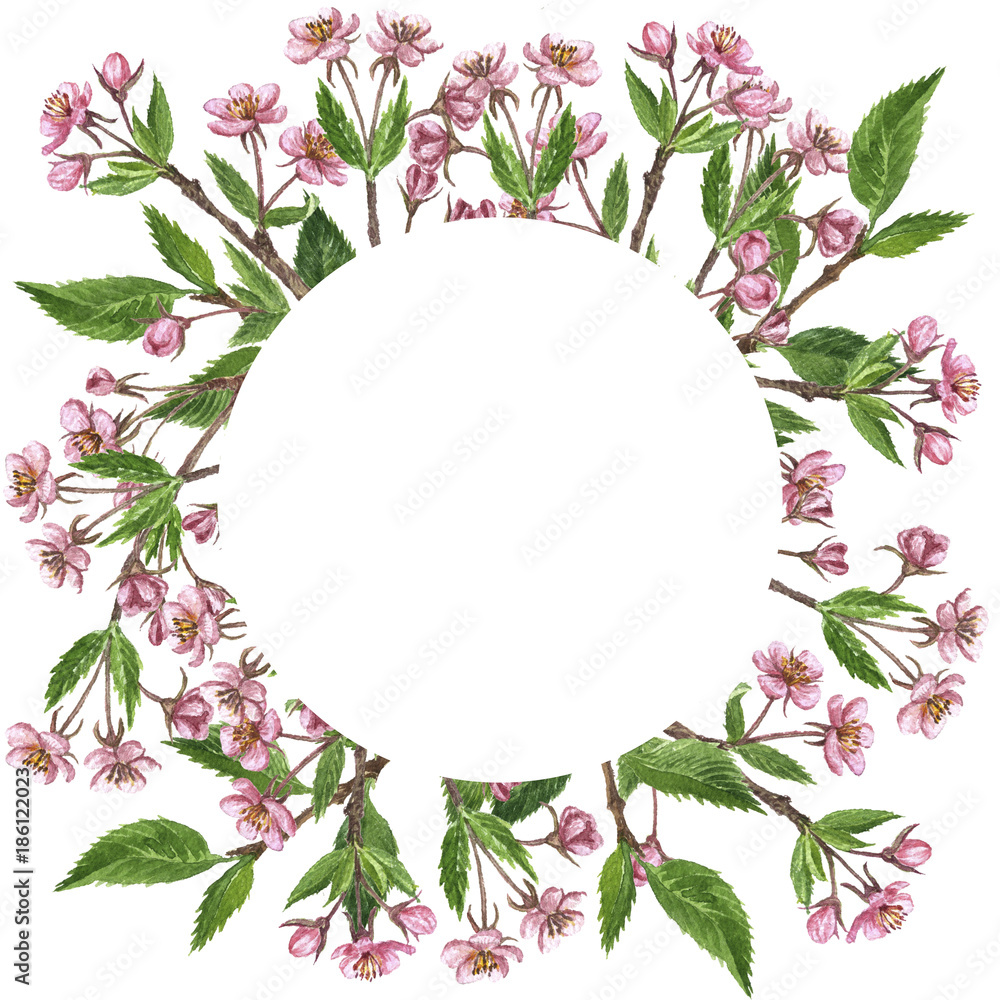 Fototapeta premium floral frame with cherry tree branch, flowers, leaves and buds