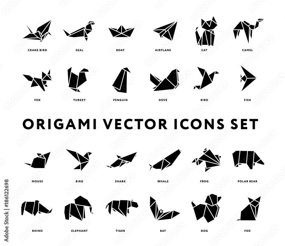 Origami Folded Paper Animals Shapes. Bird, Crane, Cat, Dog, Rhino 