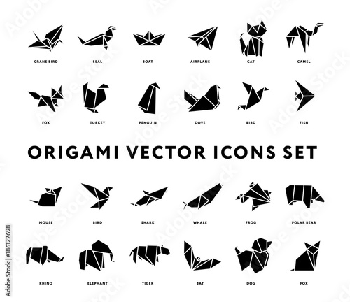 Origami Folded Paper Animals Shapes. Bird, Crane, Cat, Dog, Rhino, Fox, Mouse, Elephant. Flat Solid Icon Illustration Set Collection