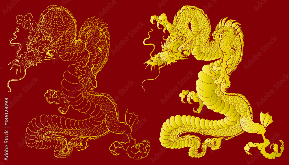 Obraz premium Gold dragon on red background.Chinese dragon tattoo.
