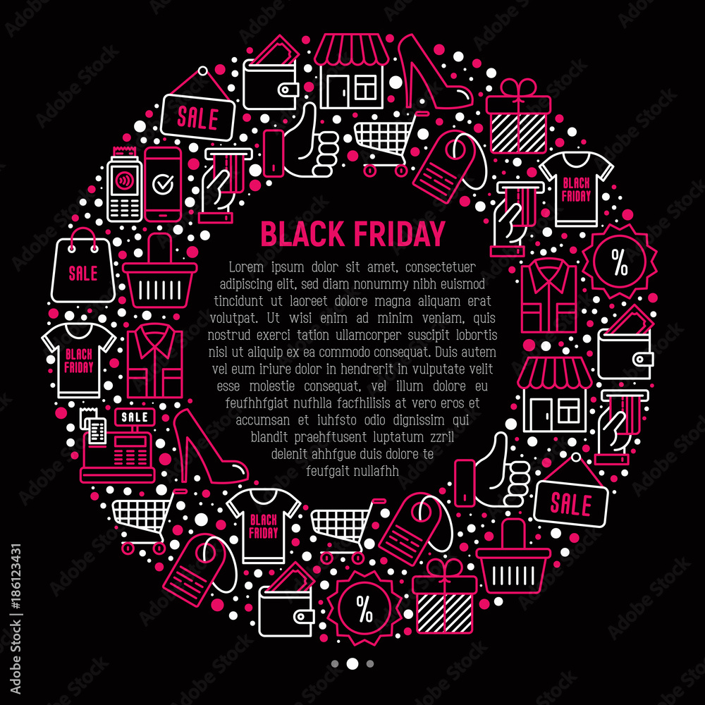 Obraz premium Black friday sale concept in circle with thin line icons: store, shopping cart, wallet, credit card, payment, thumbs up, badge, special offer. Modern vector illustration, web page template.