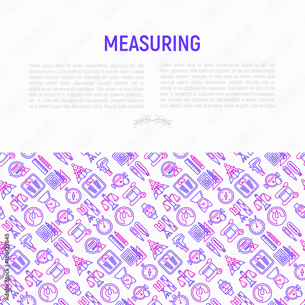 Measuring concept with thin line icons: stopwatch, weight scales, speedometer, smart watch, brass scales, thermometer. Modern vector illustration for web page, banner, print media. Measuring concept with thin line icons: stopwatch, weight scales, speedometer, smart watch, brass scales, thermometer. Modern vector illustration for web page, banner, print media.