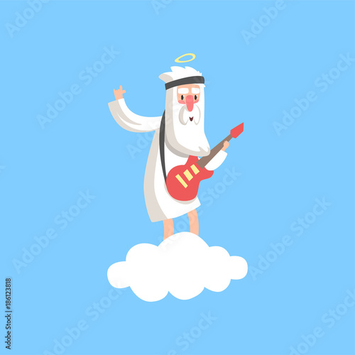 Happy god character standing on fluffy white cloud and playing guitar. Christian religious theme. Flat vector isolated on blue background.