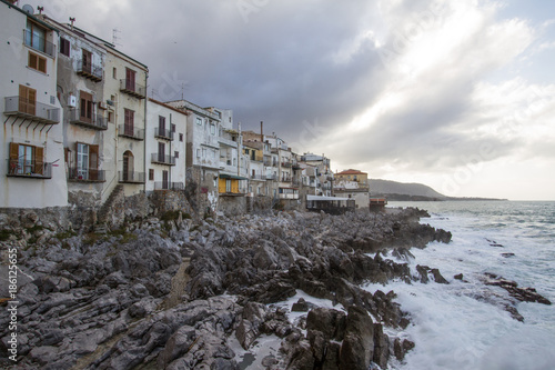 European Coastal travel townof Cefalu in Sicily, Italy in winter storm
