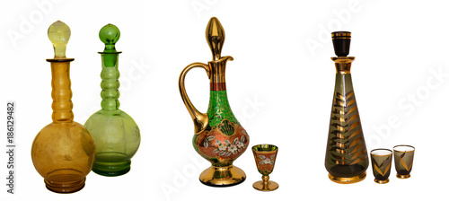 set antiquities glass bottles for alcoholic drinks isolated on a white background.