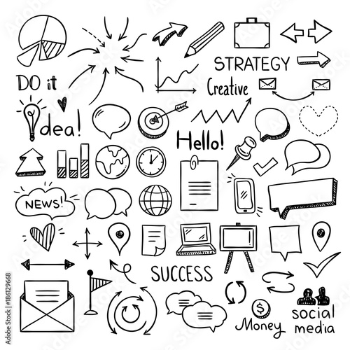 Office and business doodle icons for web design. Cute outline drawings for graphic design