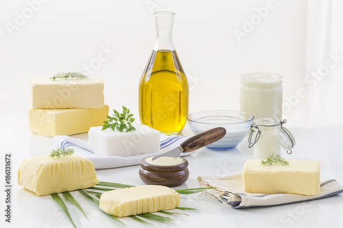 food Fats: set of dairy product and oil on white background