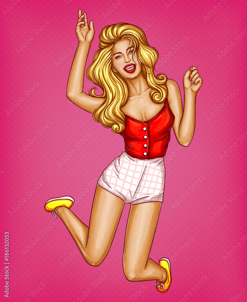 Vector pop art young girl jumping with hands up and laughing, carefree cheerful teenager dressed in red blouse and white shorts. Concept of happiness, joy, freedom.