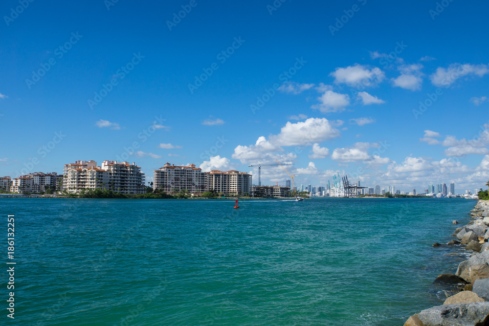 USA, Florida, Miami beach port entrance with skyline and houses and waterfront USA, Florida, Miami beach port entrance with skyline and houses and waterfront
