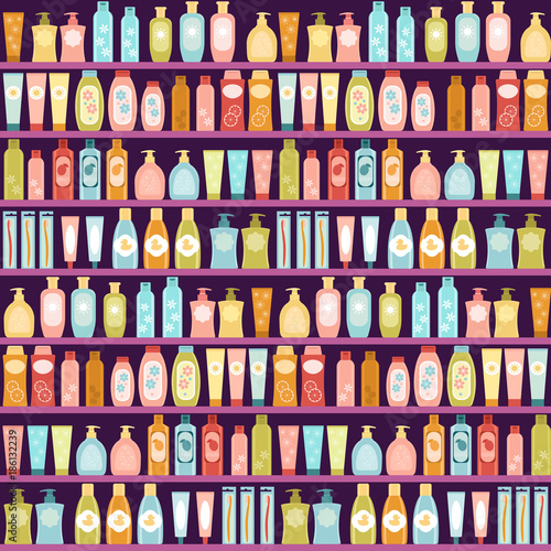 Shelf with cosmetics. Vector flat illustration. Seamless pattern.
