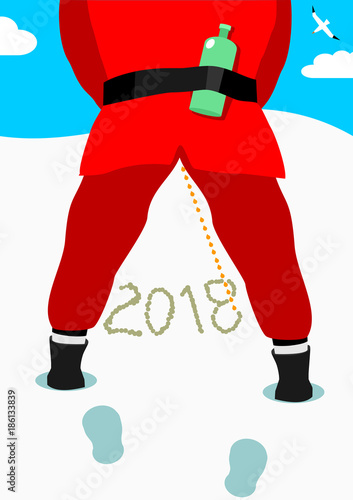 Peeing Santa in snow. A bottle of alcohol. The drunk man. Caricature