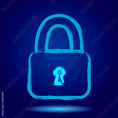 Lock blue glowing on dark blue background isolated. Vector eps 10.