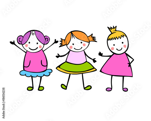 Three girls. Friends. People in the children's style