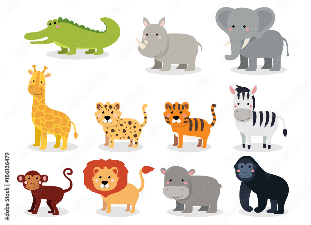 Wild animals set in flat style isolated on white background. Vector  illustration. Cute cartoon animals collection: crocodile, rhinoceros,  elephant, giraffe, leopard, tiger, zebra, monkey, lion, hippo Stock Vector  | Adobe Stock