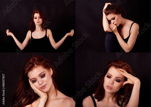 Girl in Studio on a black background. Red hair, great figure. Collage . Emotional state pretty girls