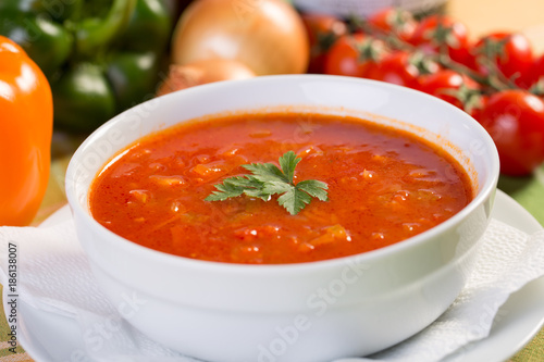 Close up of healthy vegetable soup with ingredients