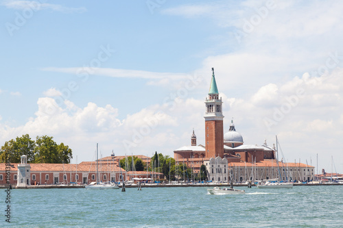 San Giorgio Maggiore Island and the marina, Venice, Veneto, Italy viewed across the lagoon 