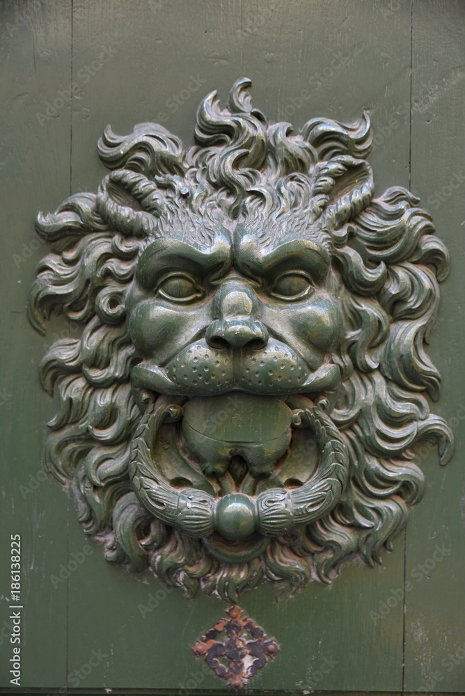 Poignée de porte cochère à tête de lion en fer forgé