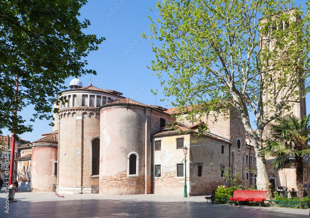 Campo and Chiesa di San Giacomo dell Orio in spring, Santa Croce, Venice, Italy