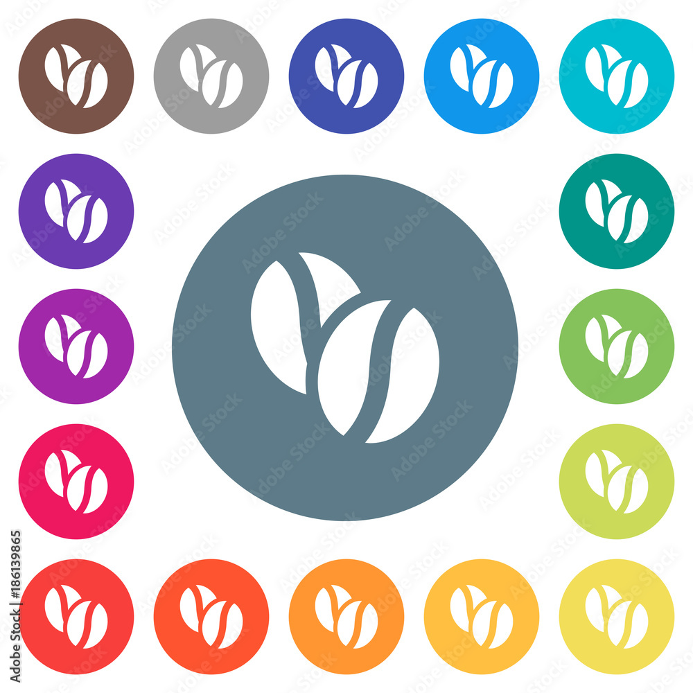 Coffe beans flat white icons on round color backgrounds Coffe beans flat white icons on round color backgrounds