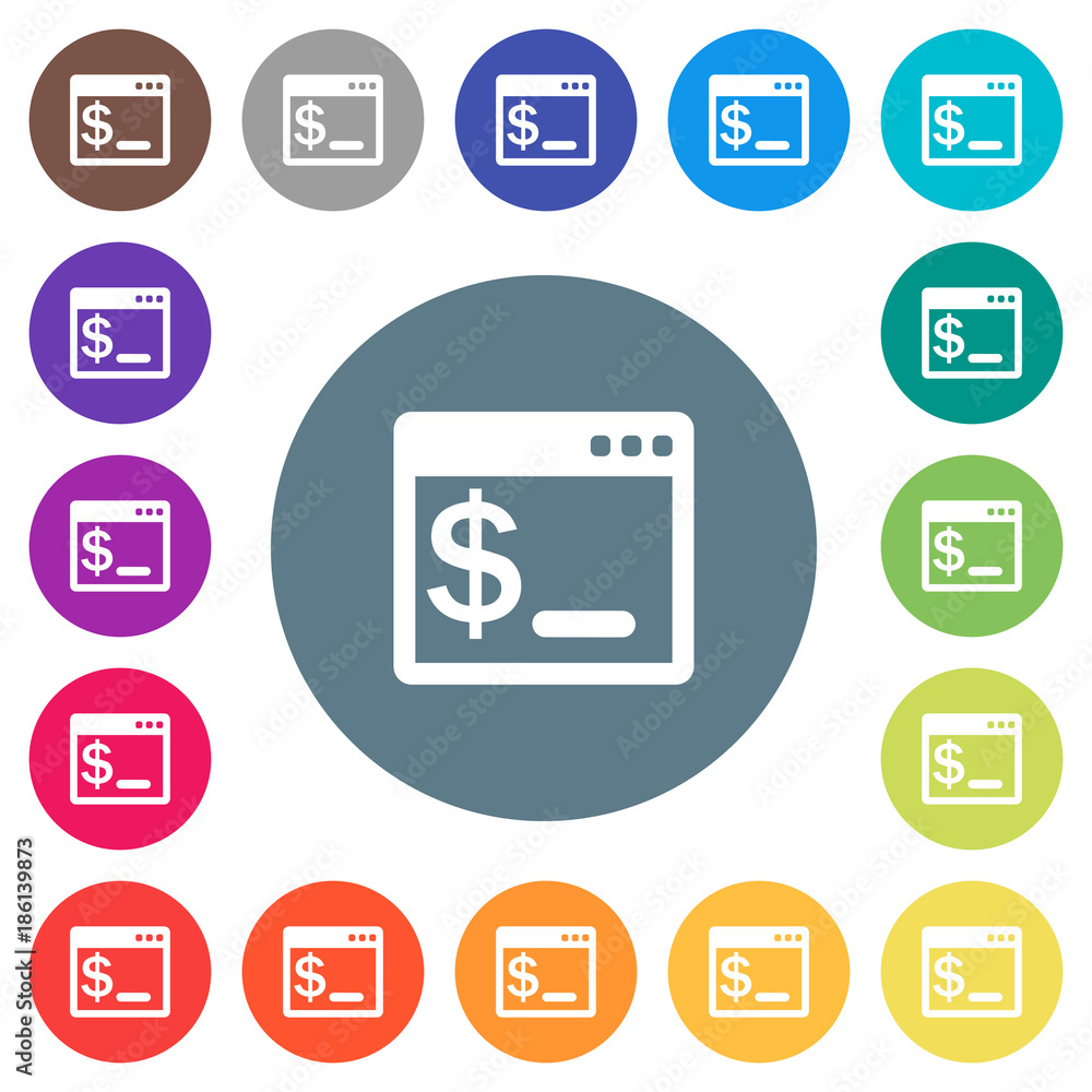 OS command terminal flat white icons on round color backgrounds OS command terminal flat white icons on round color backgrounds