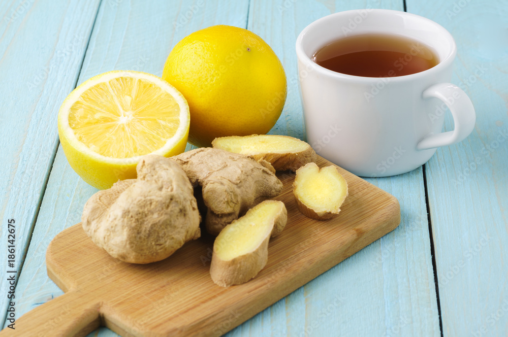 Lemons, ginger, tea, medicine for colds