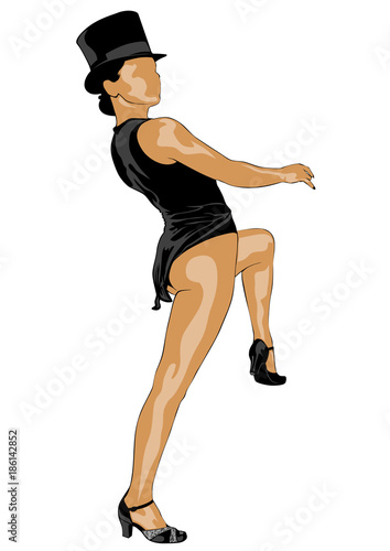 Girl in a hat dancing in a cabaret on a white background