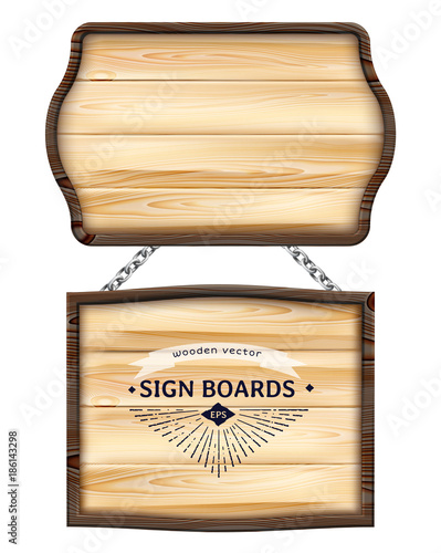 Realistic wooden signboards or wood plank with dark frame. Old blank wooden boards for banners, messages hanging on metal chains. Signpost, billboard, notice and information theme