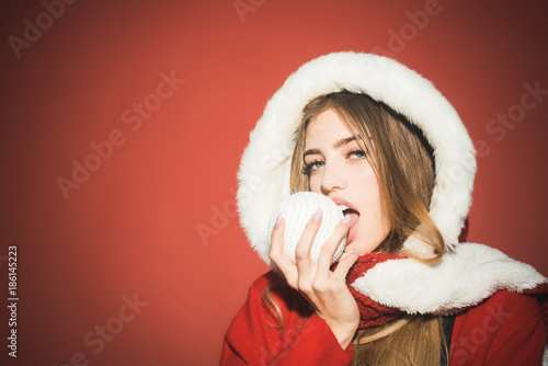 christmas woman in santa claus hat with hood  new year