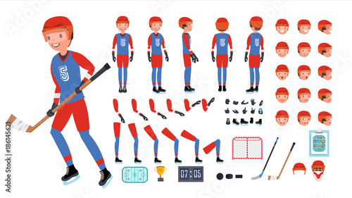 Ice Hockey Player Vector. Animated Character Creation Set. Ice Hockey Tools And Equipment. Full Length, Front, Side, Back View, Accessories, Poses, Face Emotions. Isolated Flat Cartoon Illustration