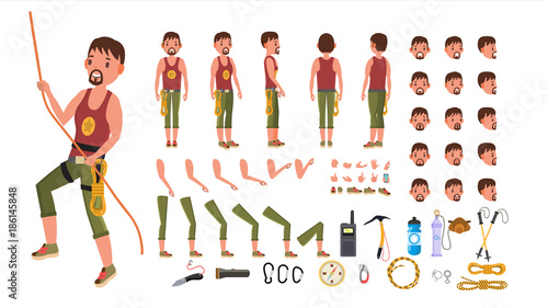 Rock Climber Male Vector. Animated Character Creation Set. Professional Mountain Climber Man. Full Length, Front, Side, Back View, Accessories, Poses, Face Emotions. Isolated Flat Cartoon Illustration