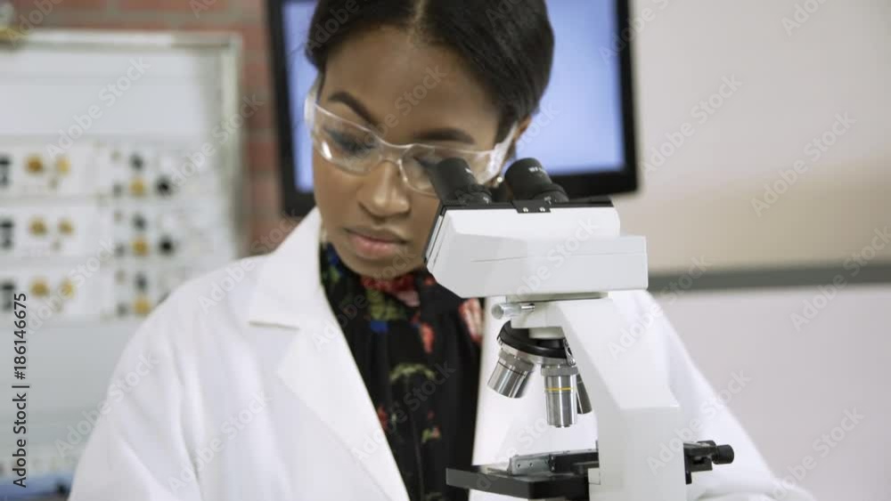 Scene tilts up to a young African American scientist or medical student using a microscope and making notes about what she sees. Scene tilts up to a young African American scientist or medical student using a microscope and making notes about what she sees.
