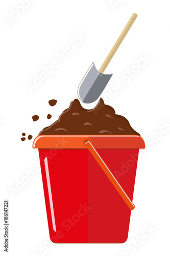 Plastic bucket to the ground and shovel. Isolated on white background. Vector