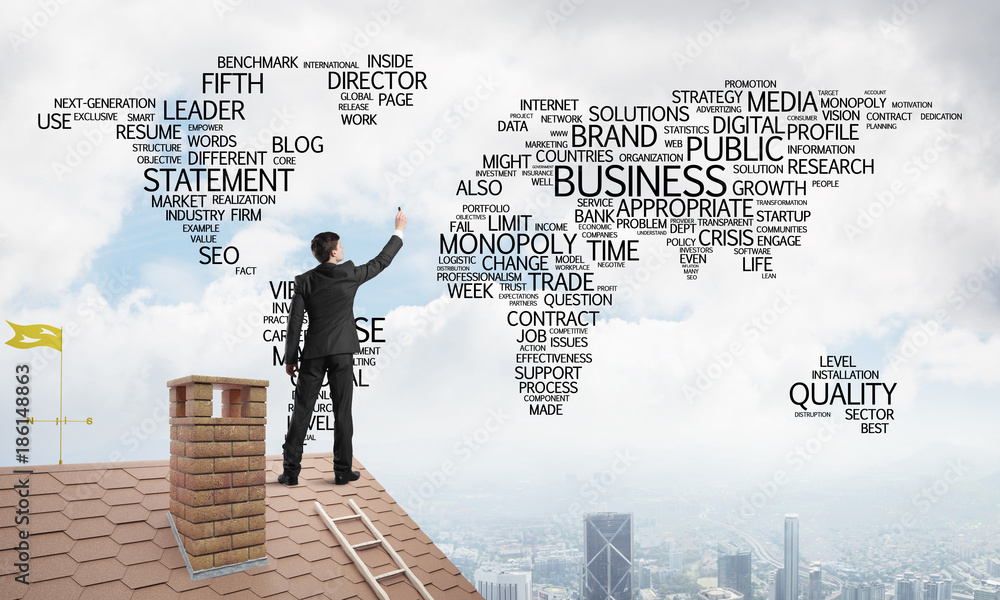 Businessman on brick roof draw world map as concept of globalization. Mixed media Businessman on brick roof draw world map as concept of globalization. Mixed media