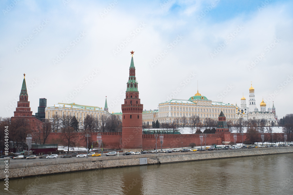 Moscow, Russia. Moscow Kremlin On Coast Of Moskva River Under Dramatic Sky Winter.