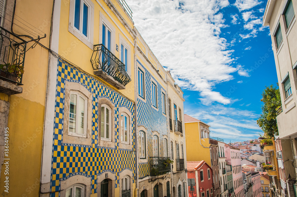 Blue-white wall tiles in Lisbon in Portugal on telenemnt house