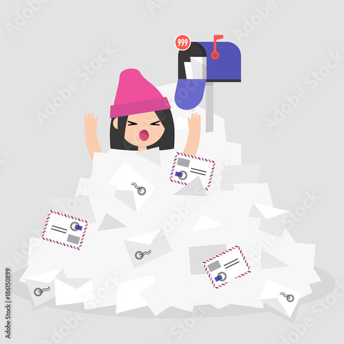 Troubles at work. Young female character drowning in a pile of unread mails. Communication problems. Flat editable vector illustration, clip art